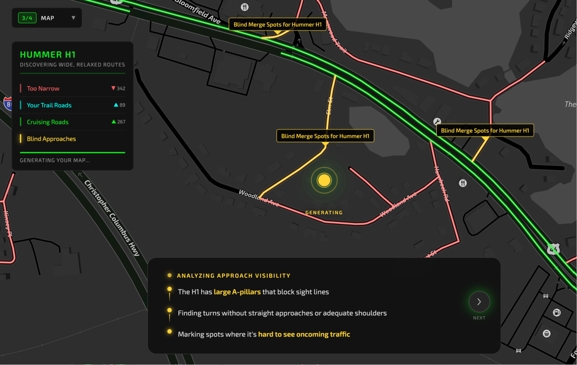 Map showing blind merge spots identified for Hummer H1