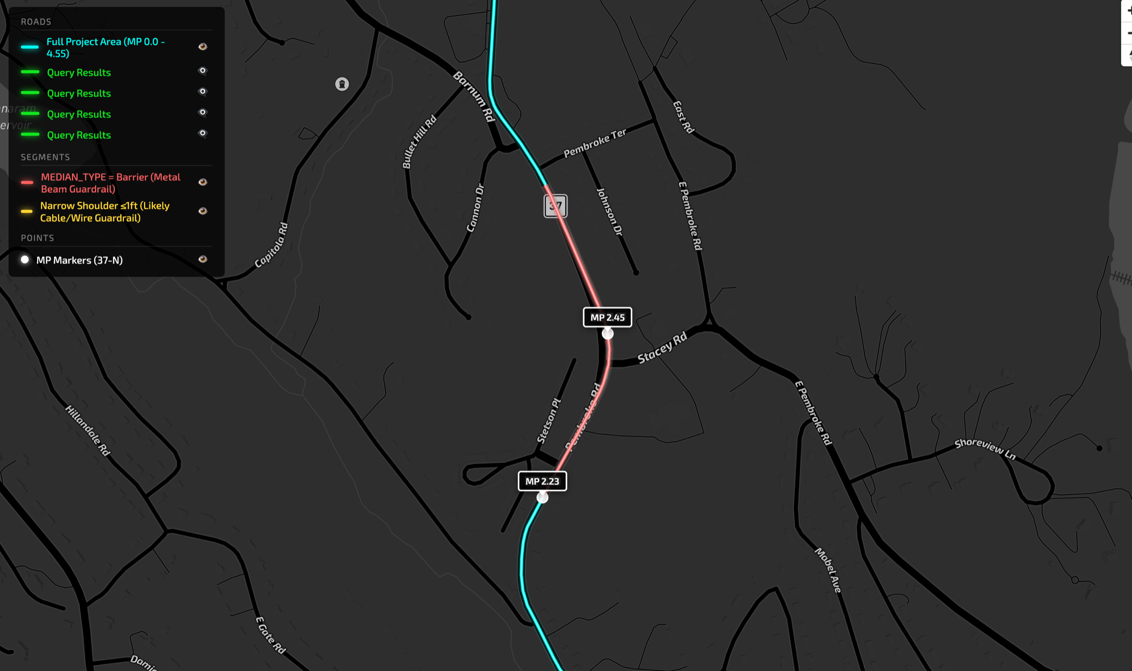 Section with existing metal beam barrier identified