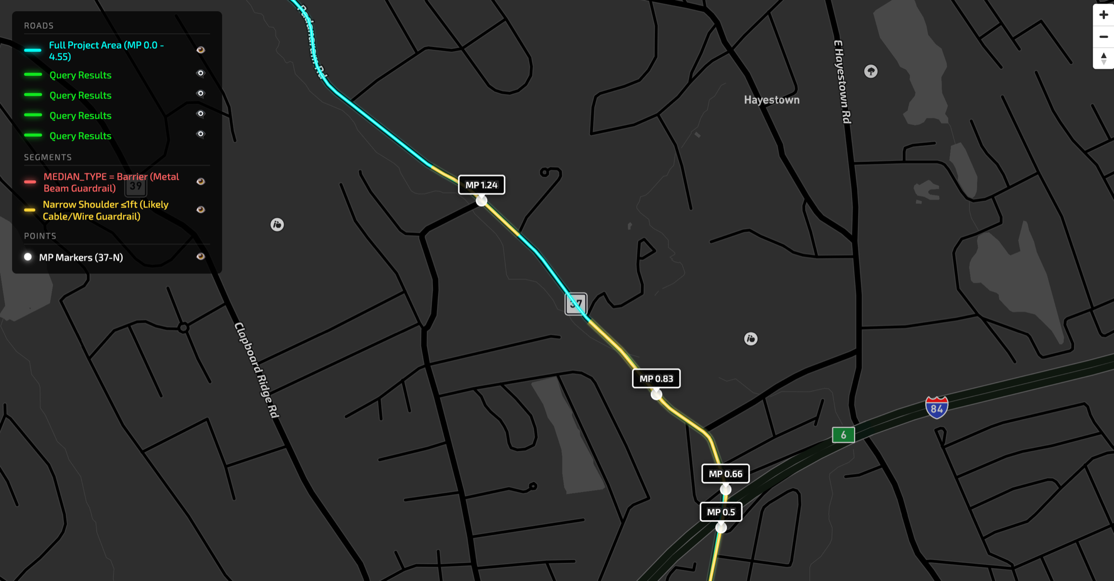 Section with narrow shoulders indicating cable guardrail